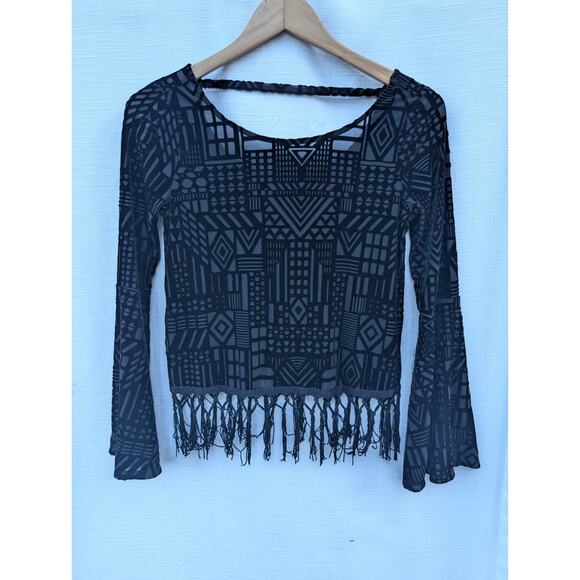 Monteau Womens bell sleeve velvet top S black geometric tassels boho Whimsigoth - Picture 2 of 7